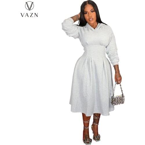 VAZN 2021 Autumn Office Lady High-end Long Dress Sweet Sold Hooded Full Sleeve High Waist Young Vestidos For Female