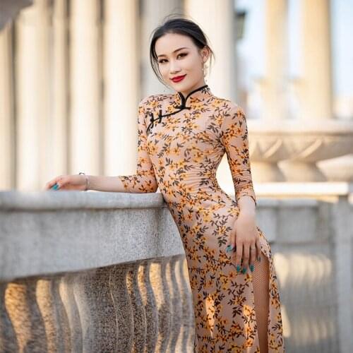 New Style Latin Dance Dress Cheongsam Slit Sexy Dress Women Performance Party Club Singer Stage Long Dress Dance Costume BL4441