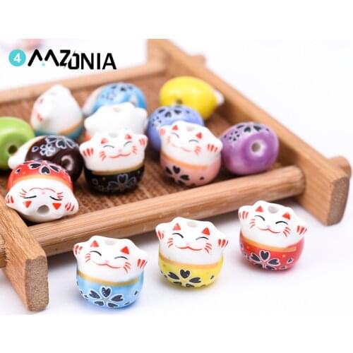 5/10/15pcs Colorful Ceramic Beads 14mm Porcelain Lucky Cat Cute Animal Pattern Beads DIY For Craft Bracelet Jewelry Making