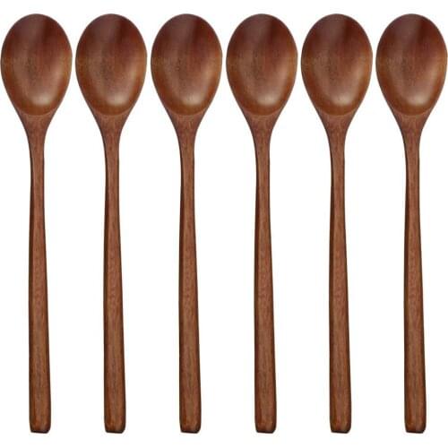 Wooden Spoon, 6 Pieces Wood Soup Spoons for Eating Mixing Stirring Cooking, Long Handle Spoon with Japanese Style Kitchen Utensi