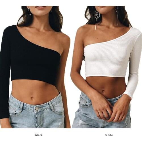 One Shoulder Slope Neckline T Shirt Sexy Solid Long Sleeve Womens Tshirt White Black Crop Top T-shirt New Fashion