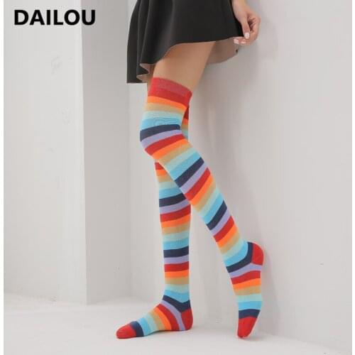 Knee High Socks Women Colorful Striped Lengthened Flawless Legs Cotton Stockings Christmas Halloween Party Costume Knee Socks