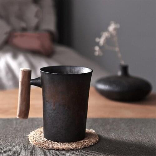 Japan-Style Ceramic Cups Creative Coffee Tea Milk Beer Cup All Oiled with Glaze Wooden Handle Vintage Mugs Home Office Drinkware