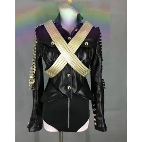 2021 Jazz Dance Costumes Punk Rivet Bodysuit Female Singer Dance Team Stage Costume Festival Outfits Hip Hop Rave Clothes DN9124