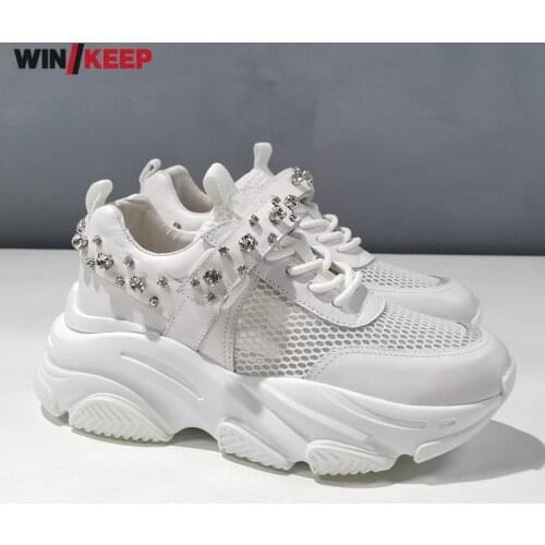 New Designer Women Geniune Leather Patchwork Breathable Mesh Thick Platform Sneakers Diamonds Sports Shoes Outdoor Running Shoes