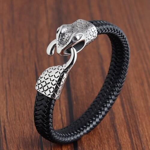 LAMEMDEE Stainless Steel Combination Genuine Leather Bracelet & Bangle Snake Head Accessories for Men Bracelet Lucky Jewelry