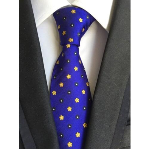 8cm Men Luxury Formal Neck Ties Set with Handkerchief Wedding Party Royal Blue with Yellow Flowers