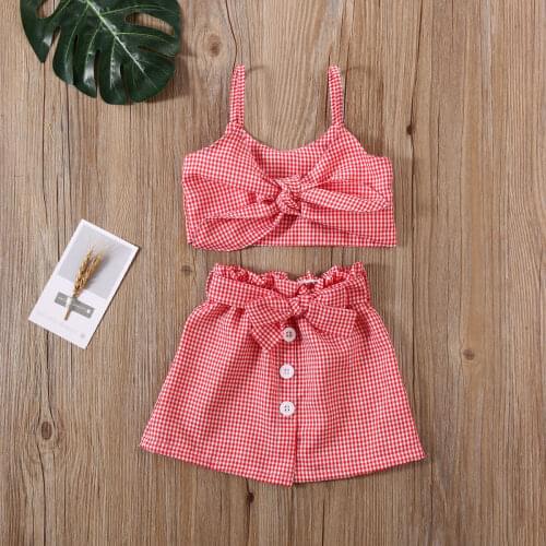 2 PCS Fashion Plaid Outfit Toddler Kids Girl Summer Clothes Knotted Vest Tank Tops High Waist Mini Ruffle Skirt Set 1-6 Years