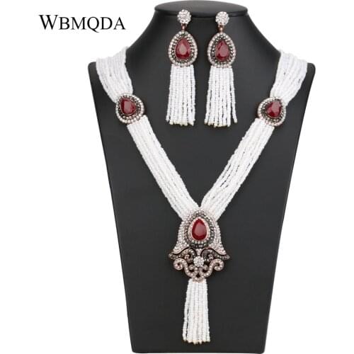 New Arrivals 2 Pcs/lot 2020 Ethnic Nigerian Wedding Tassel Handmade African Beads Necklace Earrings Jewelry Sets For Women