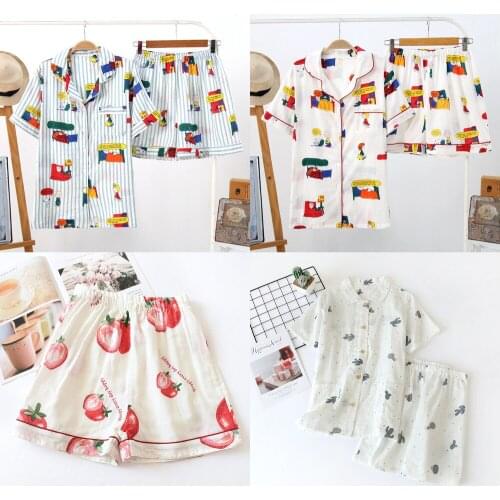 New Ladies 100% Cotton Short-sleeved Ladies Pajamas Suit Shorts Cute Cartoon Printing Japanese Style Simple Pajamas Home Service