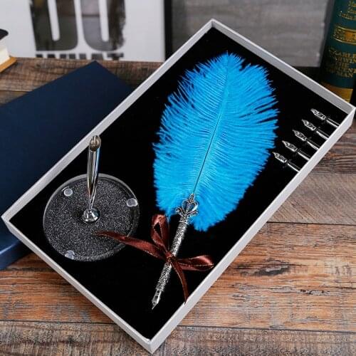 2019 9 Colors Ostrich Feather Fountain Pen Quill Dip Writing Set Stationey Wedding Gift Office School Supplies Fountain Pen Suit