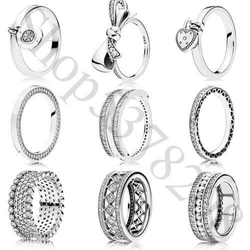 Authentic 925 Sterling Silver Brilliant Bow Signature Logo Hearts Fashion Ring For Pandora Women Bead Charm Gift DIY Jewelry