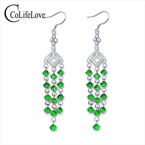 CoLife Jewelry 925 Silver Long Earrings for Wedding 26 Pieces Natural Chrome Diopside Drop Earrings Sterling Silver Eardrop