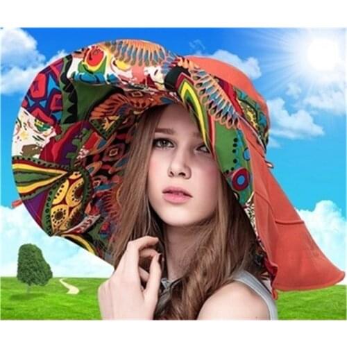 Women Floppy Flower Printed Reversible Bow Sun Hat With Wide Large Brim Summer Beach Hats Two Sides Can Wear Cap UV Protection