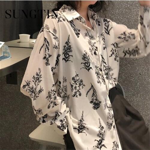 Sungtin Fashion Printed Women Floral Shirt Blouse Irreguar Loose Female Flower Print Blouse Long Shirt Blusas Mujer Korean Tops