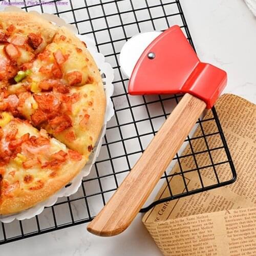 Axe Bamboo Handle Pizza Cutter Rotating Blade Home Kitchen Cutting Tool