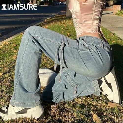 IAMSURE Vintage Jeans Women Sashes Ruched Mid-Waisted Trousers Baggy Casual Streetwear 2021 Loose Wide Leg Pants Oversize Y2K