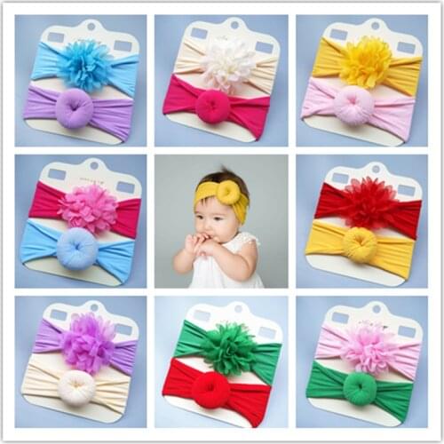 Yundfly 2 PCS Hot Newborn Nylon Hair Bows Big Chiffon Flower Headbands for Baby Girls Babe Knotted Donut Headwrap