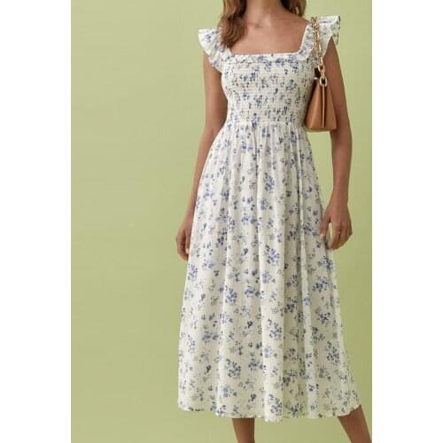 2021 Summer women Printed floral Dresses Fashion Boho Middle length Elastic Bandage Vestidos Ruffles Elegant holiday Midi Dress