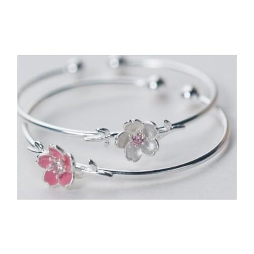100% Real. 925 Sterling Silver Jewelry Clear CZ Pink Cherry Flower &Branch Leaf Bangle Cuff Bracelet Double Ball Adjust C-S1572