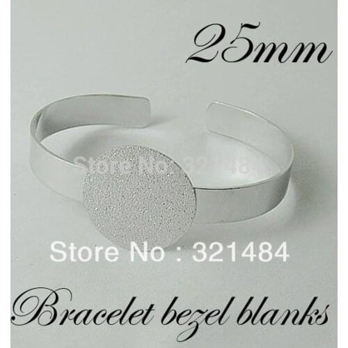100pcs Silver plated brass metal Cuff bracelet blanks w/ 25mm Round Flat Pad bezels cameo cabochon setting WHOLESALE