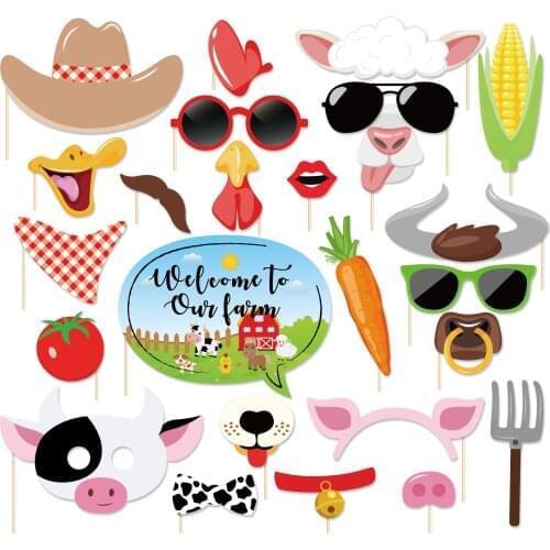 25pcs Farm Animals DIY Photobooth Props Party Decorations Pig Chicken Paper Cards Photobooth Props Baby Shower Party Favors