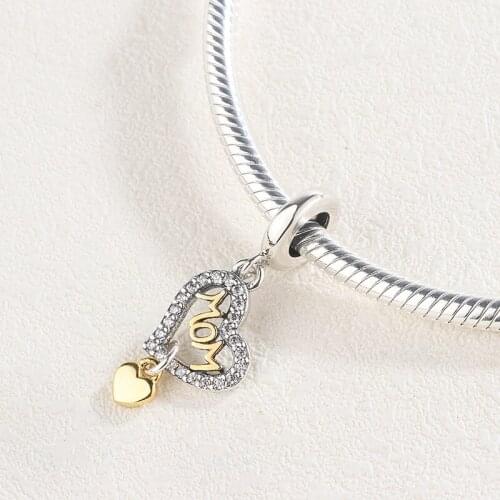 925 Sterling Silver Sparkle Shinestone Golden MOM Heart Pendant Charm Bracelet DIY Jewelry Making For Original Pandora