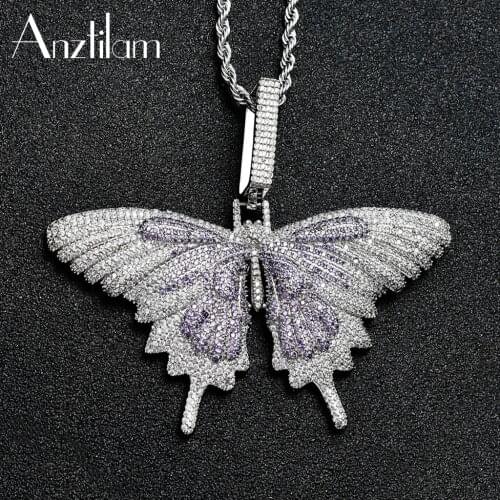 Anztilam Hip Hop Color Butterfly Pendant Necklace Full Iced Out AAA Cubic Zirconial For Men Women Jewelry Gift