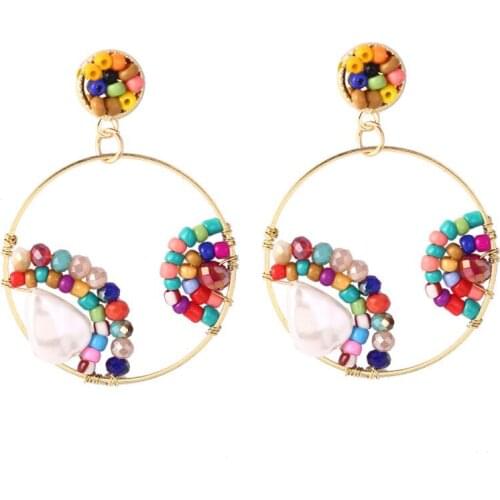 Bohemian Colorful Beaded Acrylic Earrings Geometric Round Handmade Pearl Hollow Dangle Earrings Women Glitter Jewelry Girl Gift