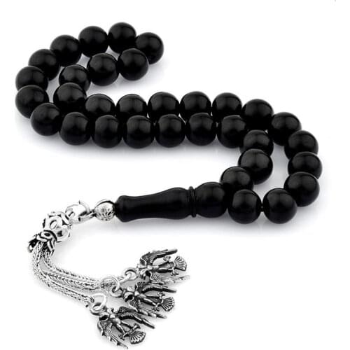 Natural Jet Stone Prayer Bead With Silver Tassel Men Rosary Islamic Tasbih With Seljuk Eagle Tassel 925 Sterling Silver