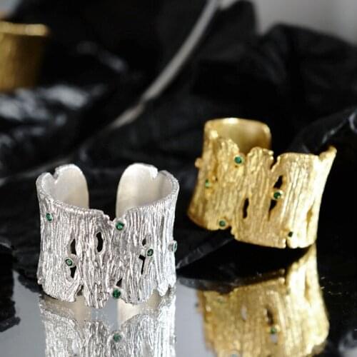 Amaiyllis S925 Sterling Silver Simple Bark Texture Ring Light Luxury Temperament Open Green Crystal Index Finger Ring Jewelry
