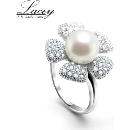 Freshwater big pearl ring for women silver 925 wedding lady pearl ring adjustable girl engagement ring black top quality gift