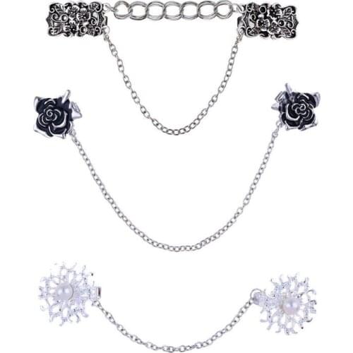 3 Pcs Retro Sweater Shawl Clip Cardigan Dress Flower Collar Clip Chain Women Girls Clothes Decorations