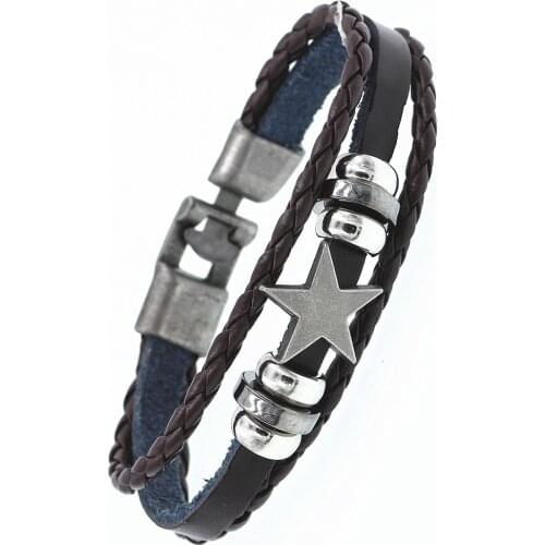DGW Retro Alloy five-pointed star Leather Bracelet Multilayer Leather Risers Bracelet for Women&Men Friendship Bracelets
