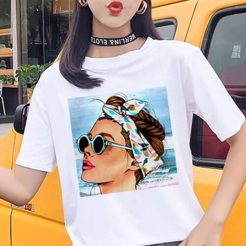 Summer Harajuku Women clothing fashion glasses beauty printing T-shirt casual Streetwear T shirt cozy short-sleeved white Tshirt