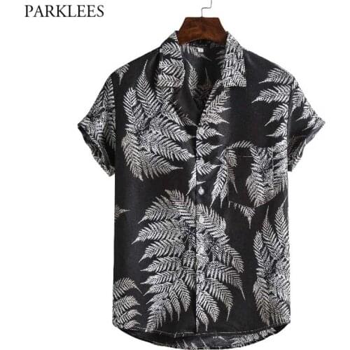 Mens Holiday Casual Short Sleeve Hawaiian Shirt Short Sleeve Leaves Print Tropical Aloha Black Shirt Seaside Beach Wear Chemise