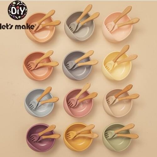 LetS Make 3PCS/Set Baby Feeding Tableware Set Silicone Bowl Spoon Fork Non-Slip Bowl Soft Suction Fixing For Children Gift Baby