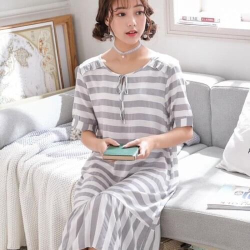 Dress Korean summer ladies cute nightdress cotton thin section short-sleeved striped simple home service ночная рубашка