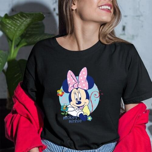 New T-Shirt Female Summer Kawaii Dropship Disney Minnie Mouse Cartoon Casual Korean Style Black White Women T Shirts Trend Loose