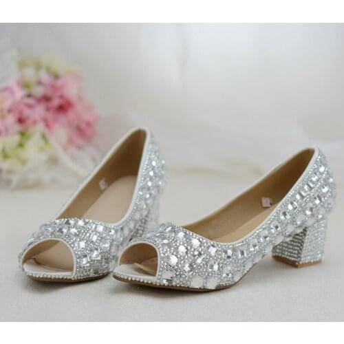 New arrival Peep Toe Womens wedding shoes Thick heel Fish Toe shoes woman Silver crystal Party dress shoes Bridal