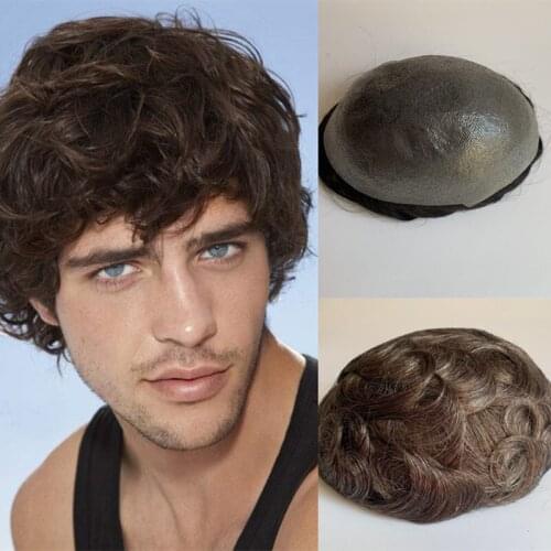 Full PU Wig Hairpiece for Men Toupee Human Hair Dark Brown 6 Inches PU Curly Wigs Replacement Toupee Mens Hair Pieces
