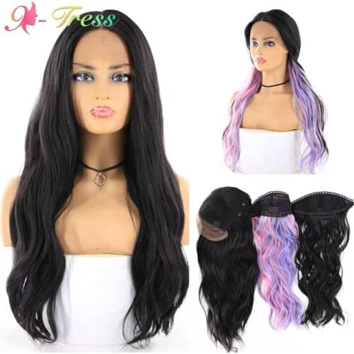 X-TRESS Trendy Lace Front Wigs Split Color 2 Part Splice Wig Natural Black & Mix Pink Purple Wavy Long Hair Heat Resistant Fibre