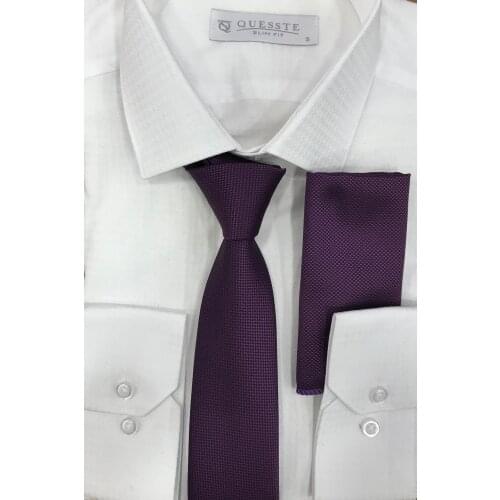 YENİ ÜRÜN Erkek Mor Armür Dokumalı Noktalı Mendilli Ince Kravat 6 cm