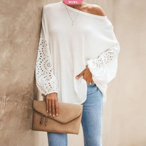 2021 Fashion Knitting Stitching Hollow Lace Lantern Long Sleeve Solid Color Loose Slant Collar Off-shoulder Womens T-Shirt