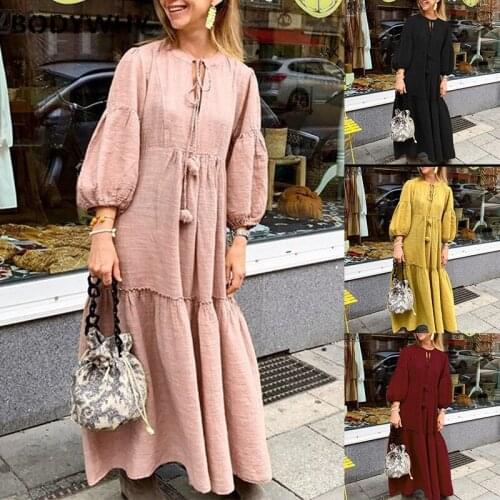 New Womens Lantern Sleeves Casual Loose Long-sleeved Long Dress Street Trend Stitching Dress Spring and Autumn