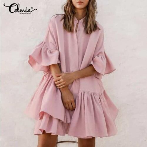 2021 Autumn Women Mini Dress Celmia Bohemian Ruffles Casual O-neck Half Sleeve Loose Shirt Dress Sexy Solid Pleated Vestido Robe