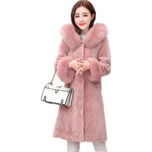 Plus size 4XL 2020 New Women Winter Fox Fur Collar Warm Shorn Sheepskin Fur Clothing Coat Fashion Slim Hooded Long Wool Coat500