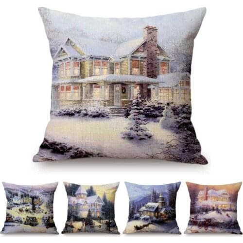 Winter Oil Painting Art Snow Scenery Dawn Christmas Decorative Sofa Throw Pillow Case Snow Covered House Painting Cushion Cover