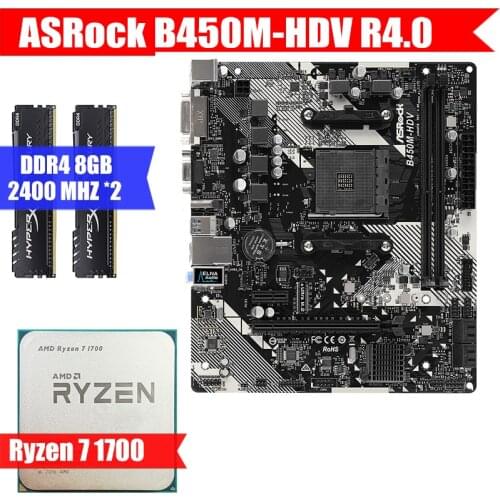 ASRock B450M-HDV R4.0 & AMD CPU Ryzen 7 1700 & Kingston DDR4 8GB*2 Combination Kit M.2 USB3.0 Socket AM4 M-ATX/5800X/5900x/3200