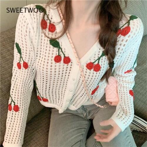 Cherry Embroidery White Crochet Hollow Cardigan Womens V-Neck Knitted Long Sleeve Jacket Short Sweater